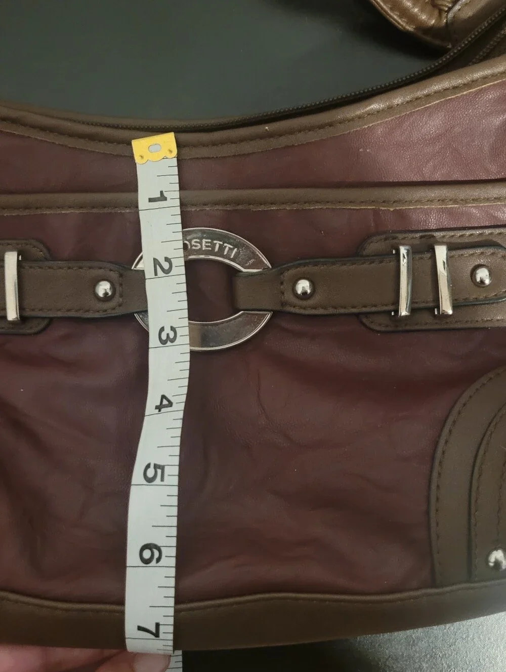 Rosetti Two-Tone Burgundy Wine Shoulder Bag Silver Ring Buckle Studded Accent